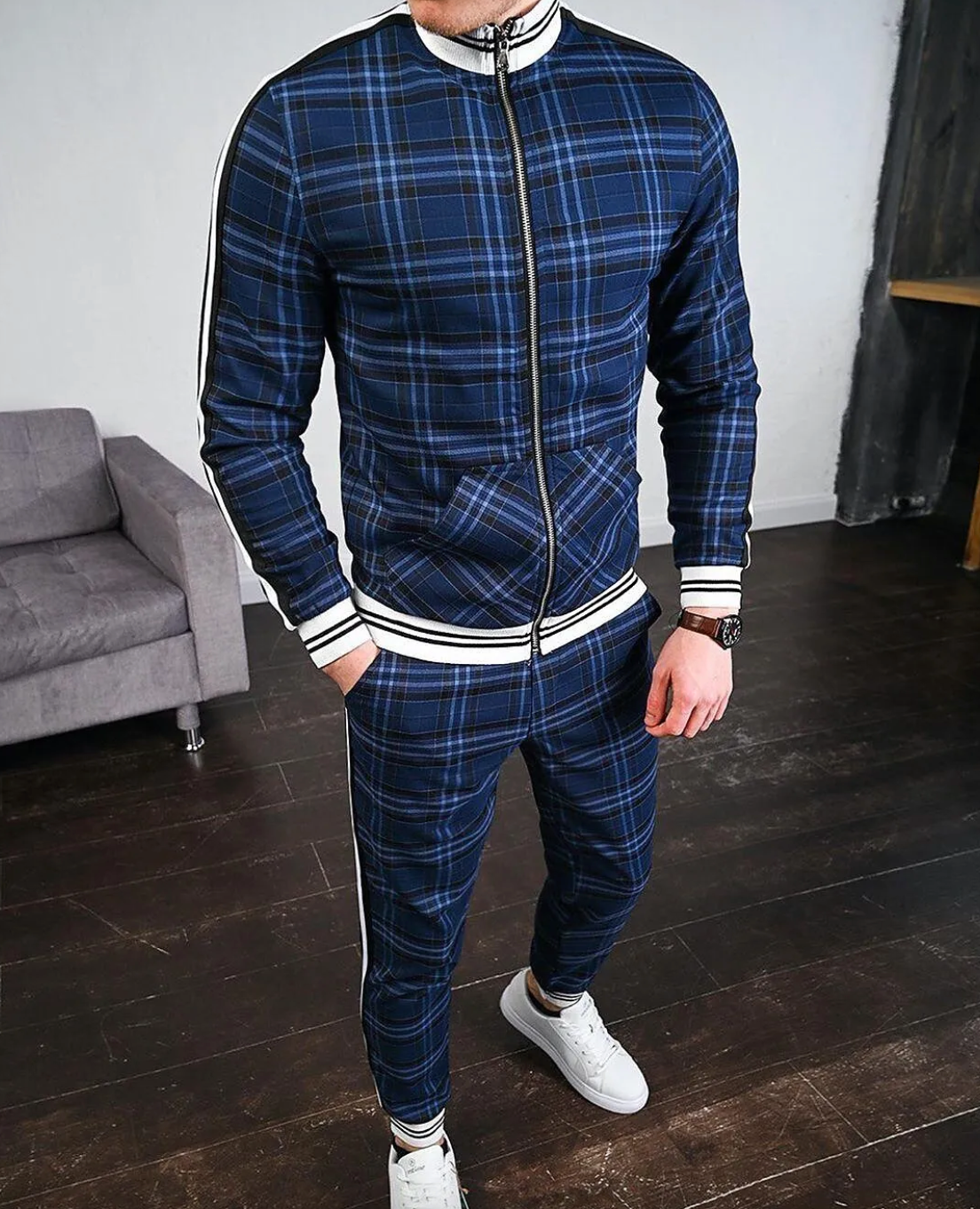 Julian | Men's Plaid Tracksuit Side Stripe Set