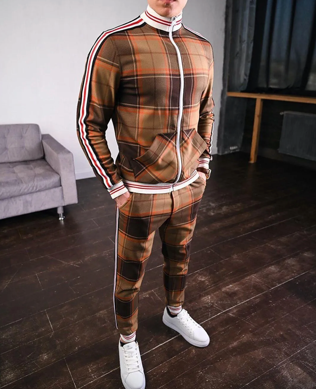 Julian | Men's Plaid Tracksuit Side Stripe Set