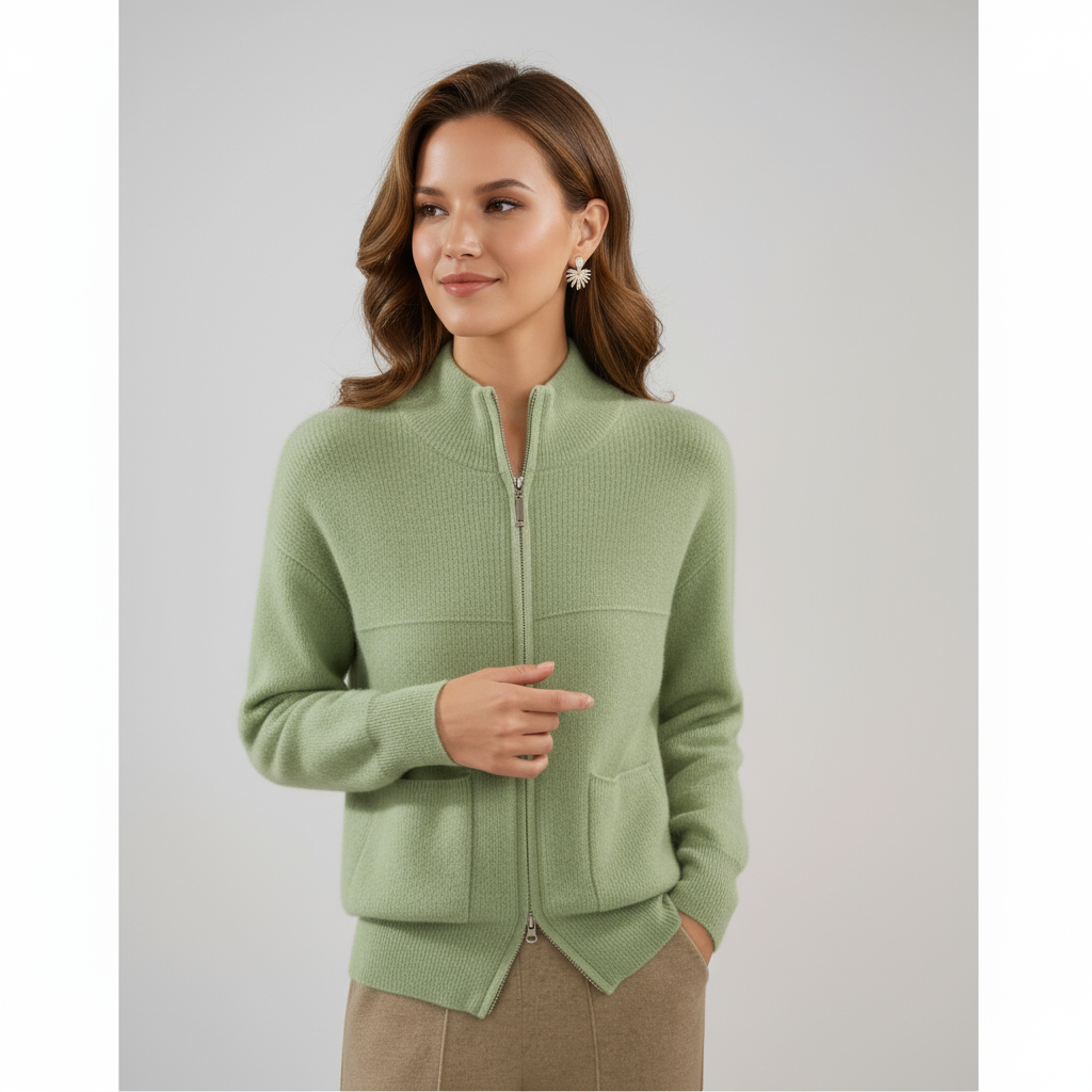 Women's Merino Wool Zip-Up Cardigan with Pockets – Soft Ribbed Knit for Autumn and Winter
