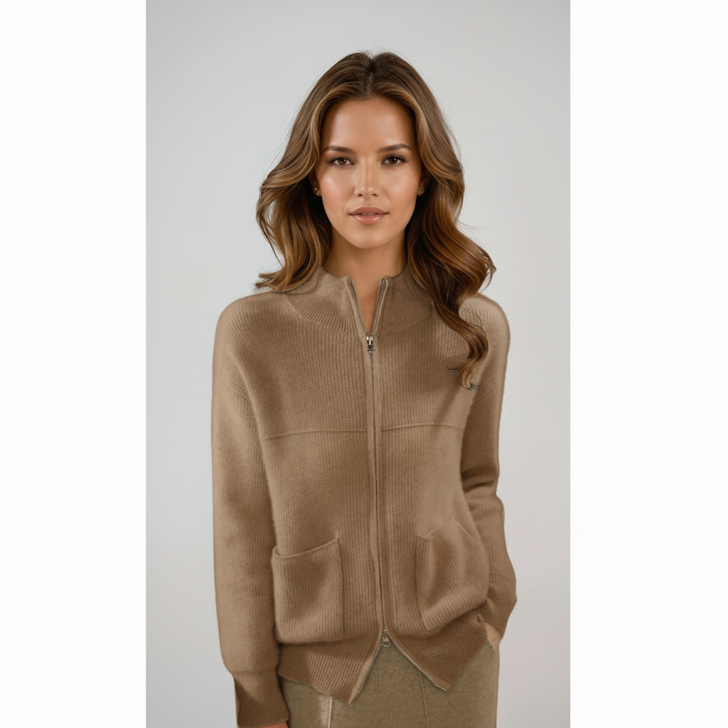 Women's Merino Wool Zip-Up Cardigan with Pockets – Soft Ribbed Knit for Autumn and Winter