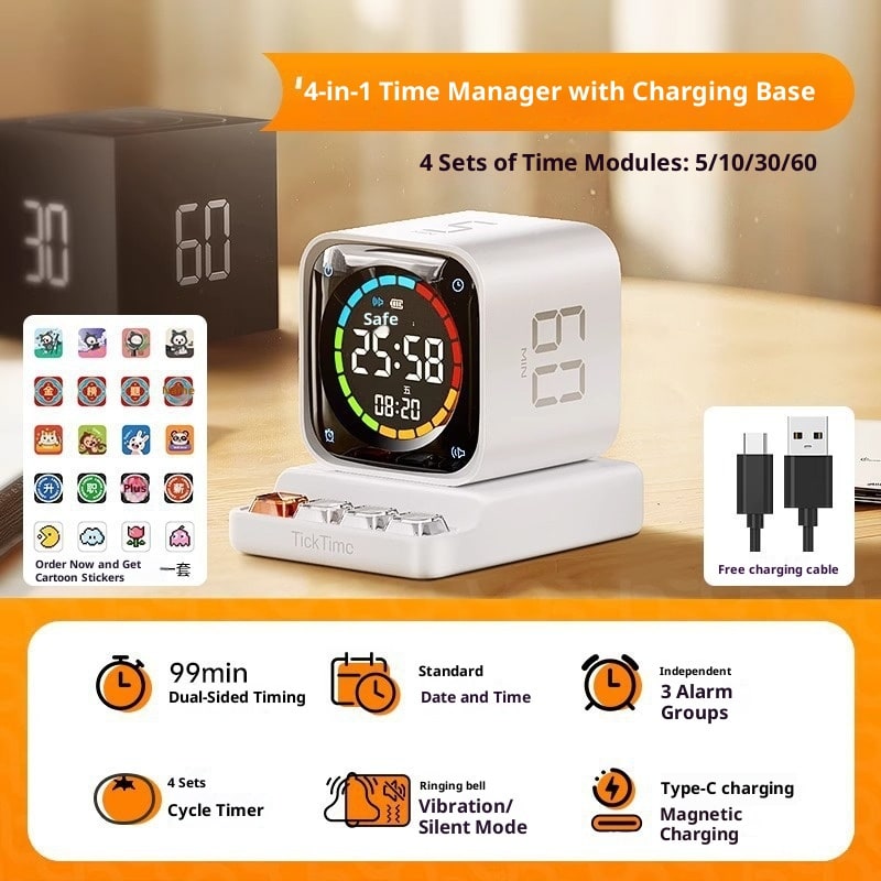 Pomodoro Effect Method Cube Timer with Digital Display and Rechargeable Charging Base