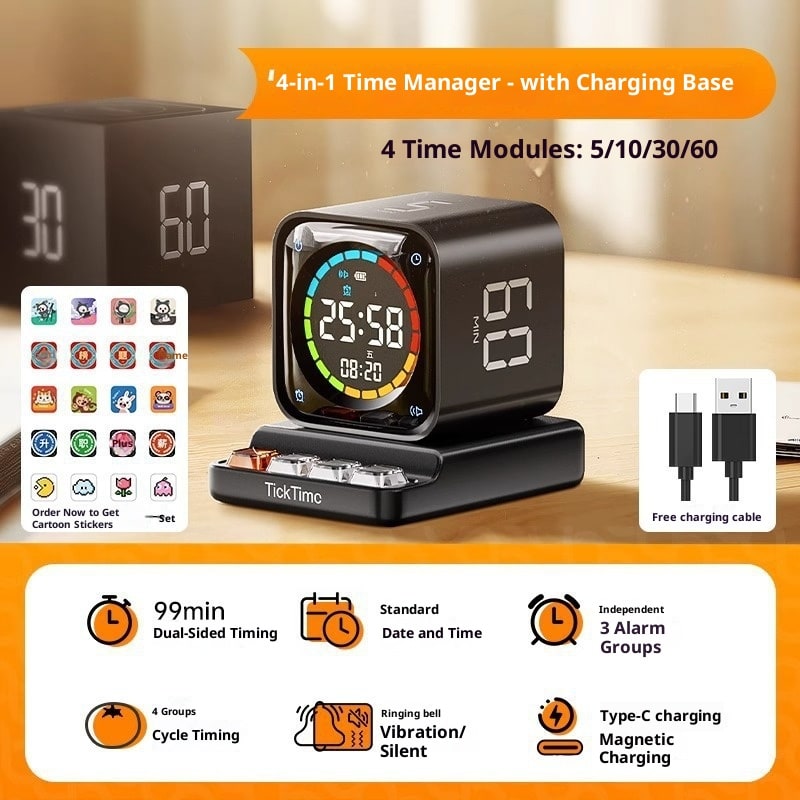 Pomodoro Effect Method Cube Timer with Digital Display and Rechargeable Charging Base