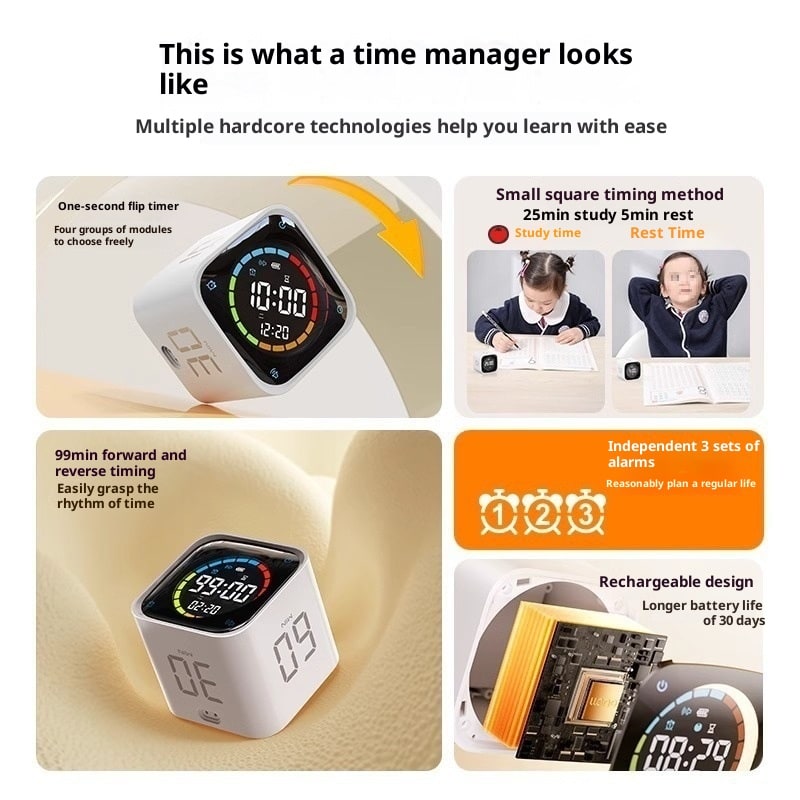 Pomodoro Effect Method Cube Timer with Digital Display and Rechargeable Charging Base