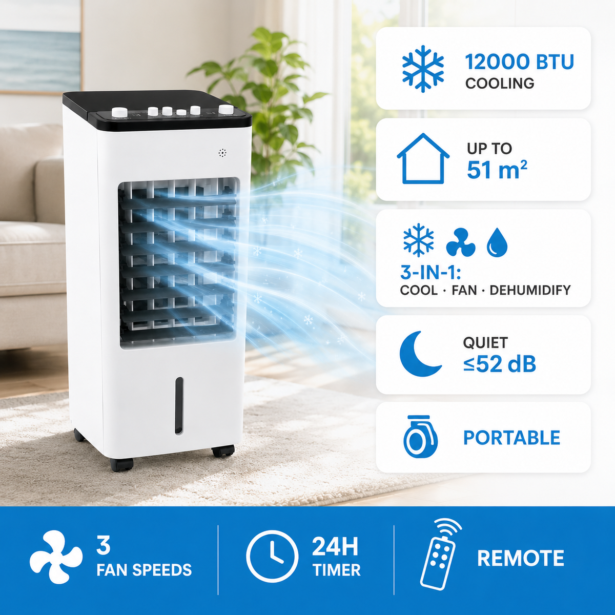 Portable Air Conditioner Evaporative Cooler with Fan and Humidifier on Wheels