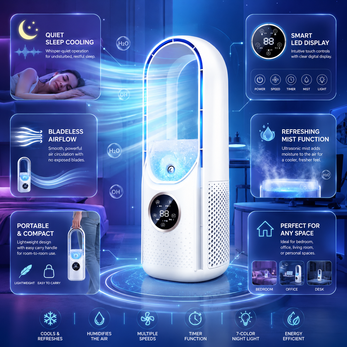 Portable Air Cooler with Bladeless Design Water Tank and LED Display