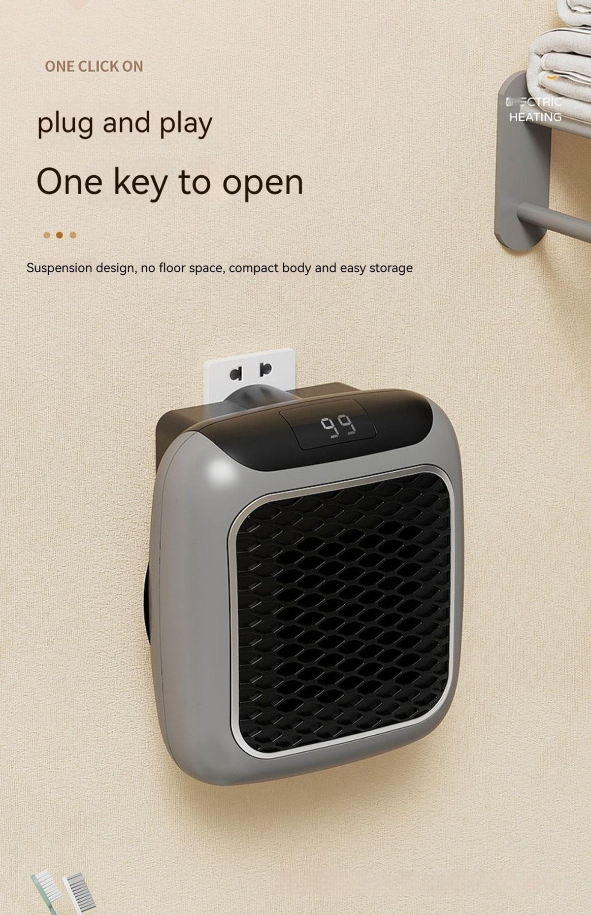 Portable Space Heater with Wall Mounted Plug in Design and Digital LED Display