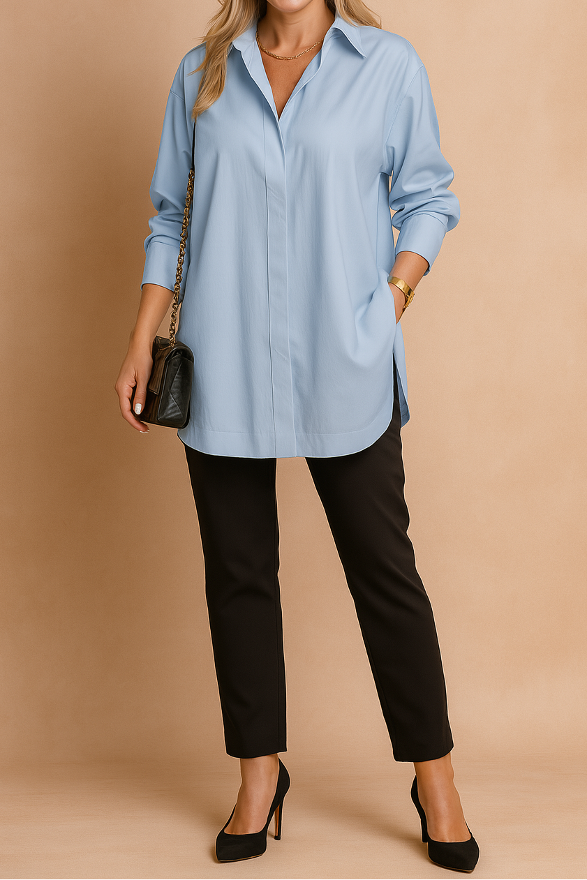 Women's Oversized Longline Shirt – Relaxed Button-Up Tunic with Classic Collar for Office and Smart Casual Wear