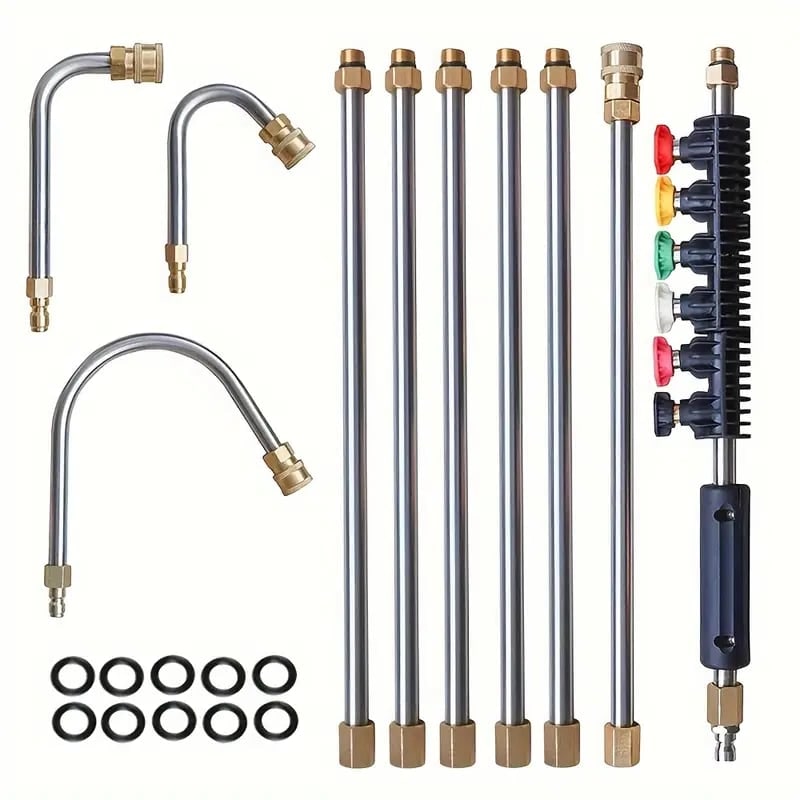 Pressure Washer Hose Extension Wand with Telescoping Brass Fittings and Five Color-Coded Nozzles