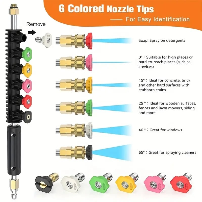 Pressure Washer Hose Extension Wand with Telescoping Brass Fittings and Five Color-Coded Nozzles