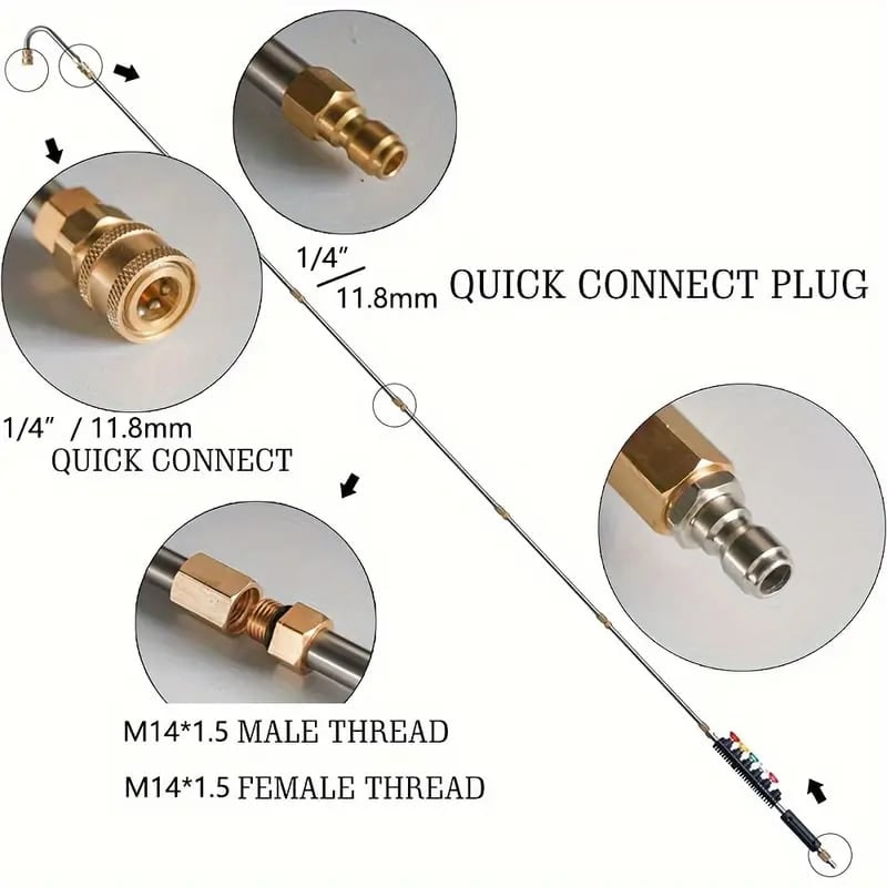 Pressure Washer Hose Extension Wand with Telescoping Brass Fittings and Five Color-Coded Nozzles