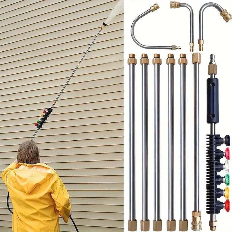 Pressure Washer Hose Extension Wand with Telescoping Brass Fittings and Five Color-Coded Nozzles