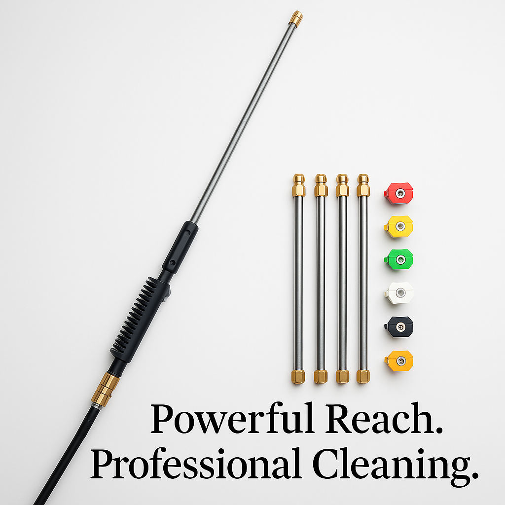 Pressure Washer Hose Extension Wand with Telescoping Brass Fittings and Five Color-Coded Nozzles