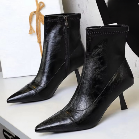 Women's Leather Pointed Toe Ankle Boots with Side Zip