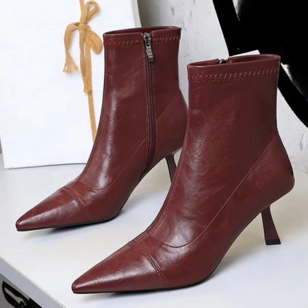 Women's Leather Pointed Toe Ankle Boots with Side Zip