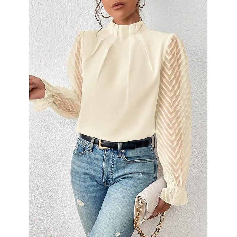 Women's High-Neck Blouse with Textured Sleeves