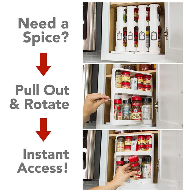 Pull Out Spice Rack with Rotating Cabinet Shelves and Organizer Two-Tier Sliding