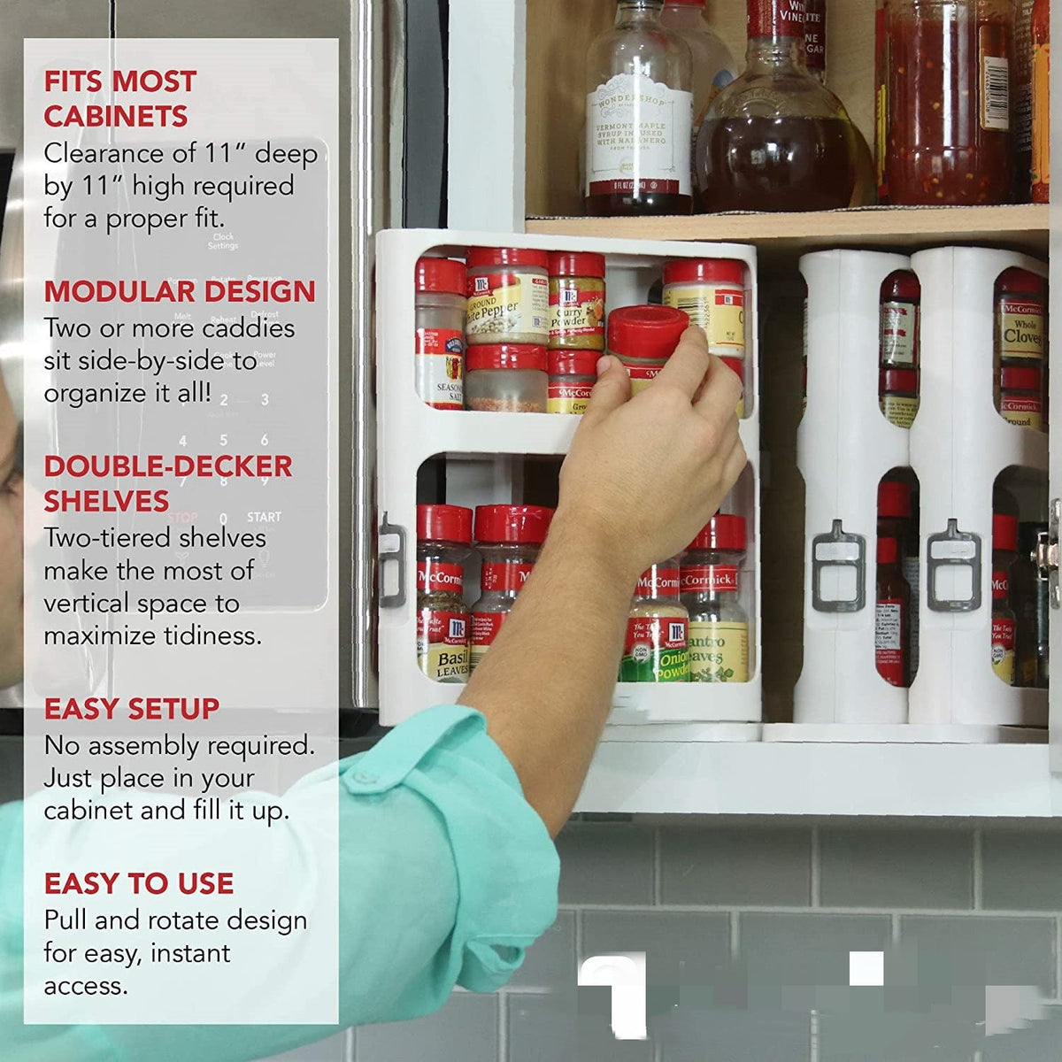 Pull Out Spice Rack with Rotating Cabinet Shelves and Organizer Two-Tier Sliding