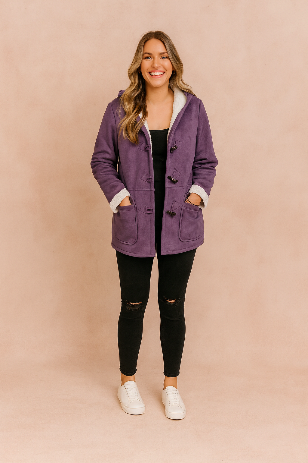 Women's Cosy Hooded Winter Duffle Jacket with Soft Fleece Lining and Toggle Button Fastening – Relaxed Fit Mid-Length Warm Casual Outerwear with Front Pockets for Autumn and Winter Everyday Wear