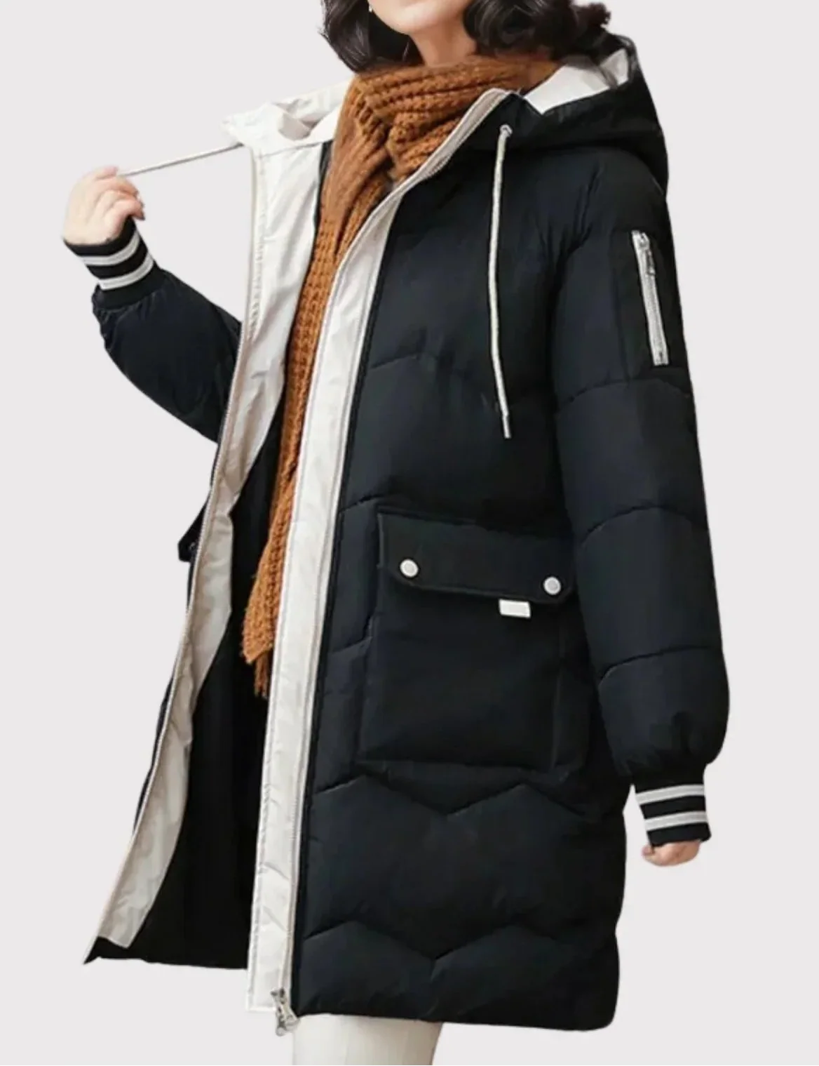 Women’s Longline Hooded Puffer Coat with Contrast Trim and Flap Pockets – Quilted Winter Outerwear with Striped Ribbed Cuffs