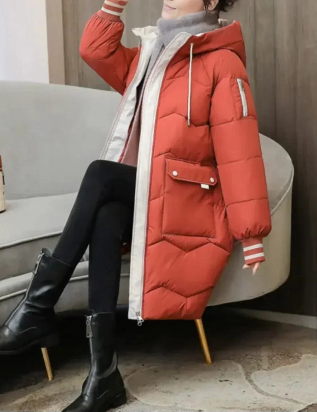 Women’s Longline Hooded Puffer Coat with Contrast Trim and Flap Pockets – Quilted Winter Outerwear with Striped Ribbed Cuffs