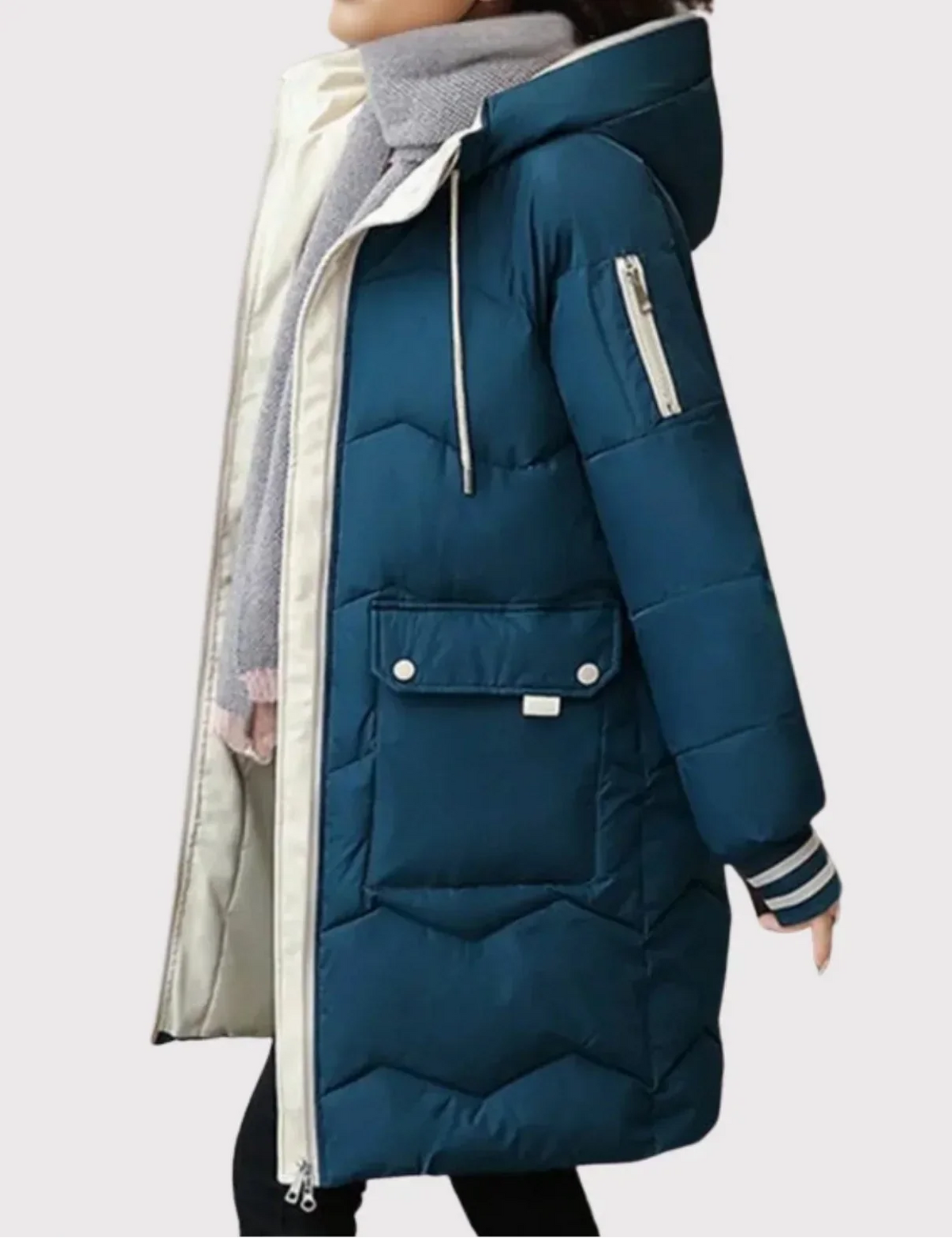 Women’s Longline Hooded Puffer Coat with Contrast Trim and Flap Pockets – Quilted Winter Outerwear with Striped Ribbed Cuffs
