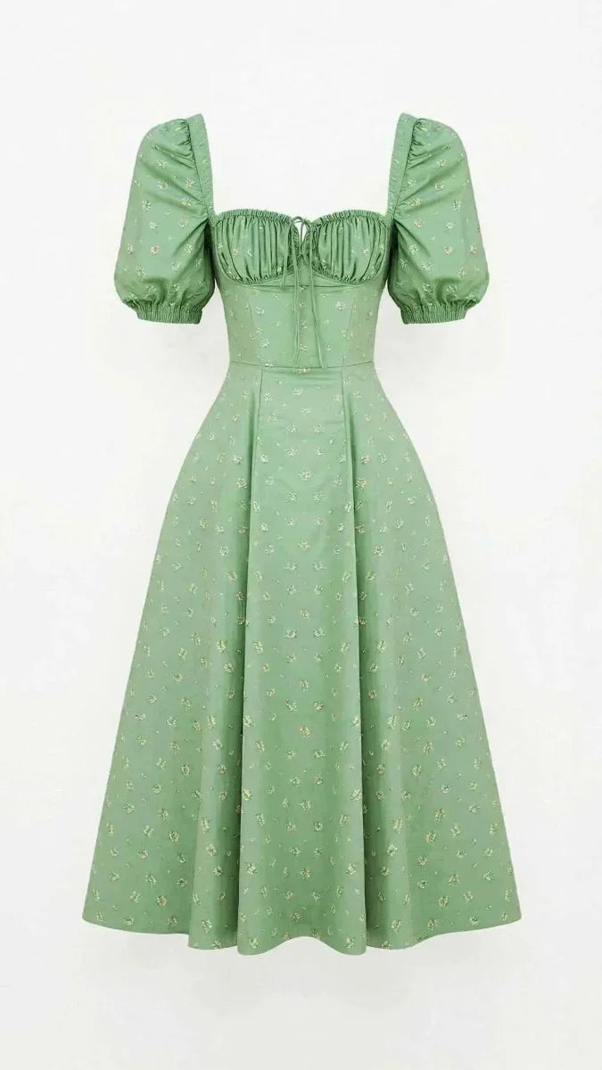 Women's Square Neck Midi Dress with Puff Sleeves