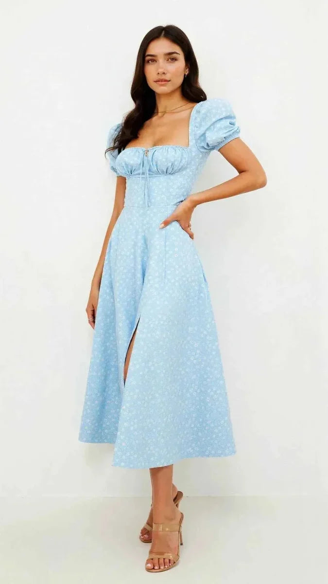 Women's Square Neck Midi Dress with Puff Sleeves