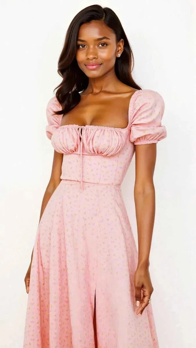 Women's Square Neck Midi Dress with Puff Sleeves