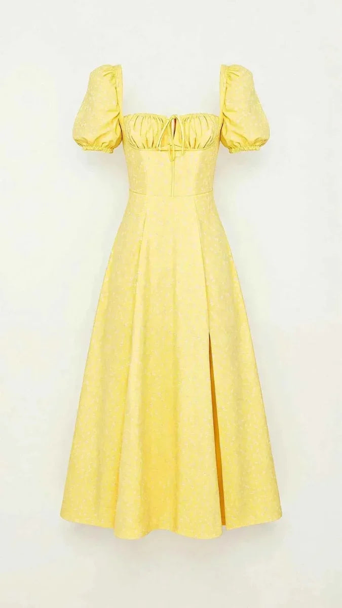 Women's Square Neck Midi Dress with Puff Sleeves