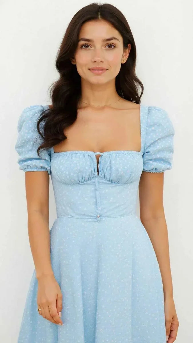 Women's Square Neck Midi Dress with Puff Sleeves