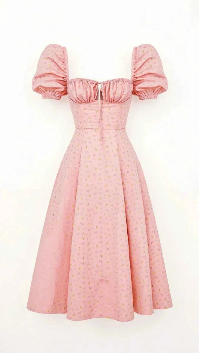 Women's Square Neck Midi Dress with Puff Sleeves