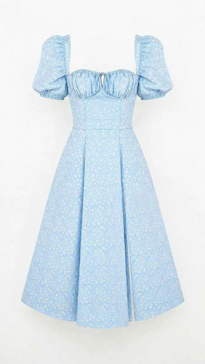 Women's Square Neck Midi Dress with Puff Sleeves