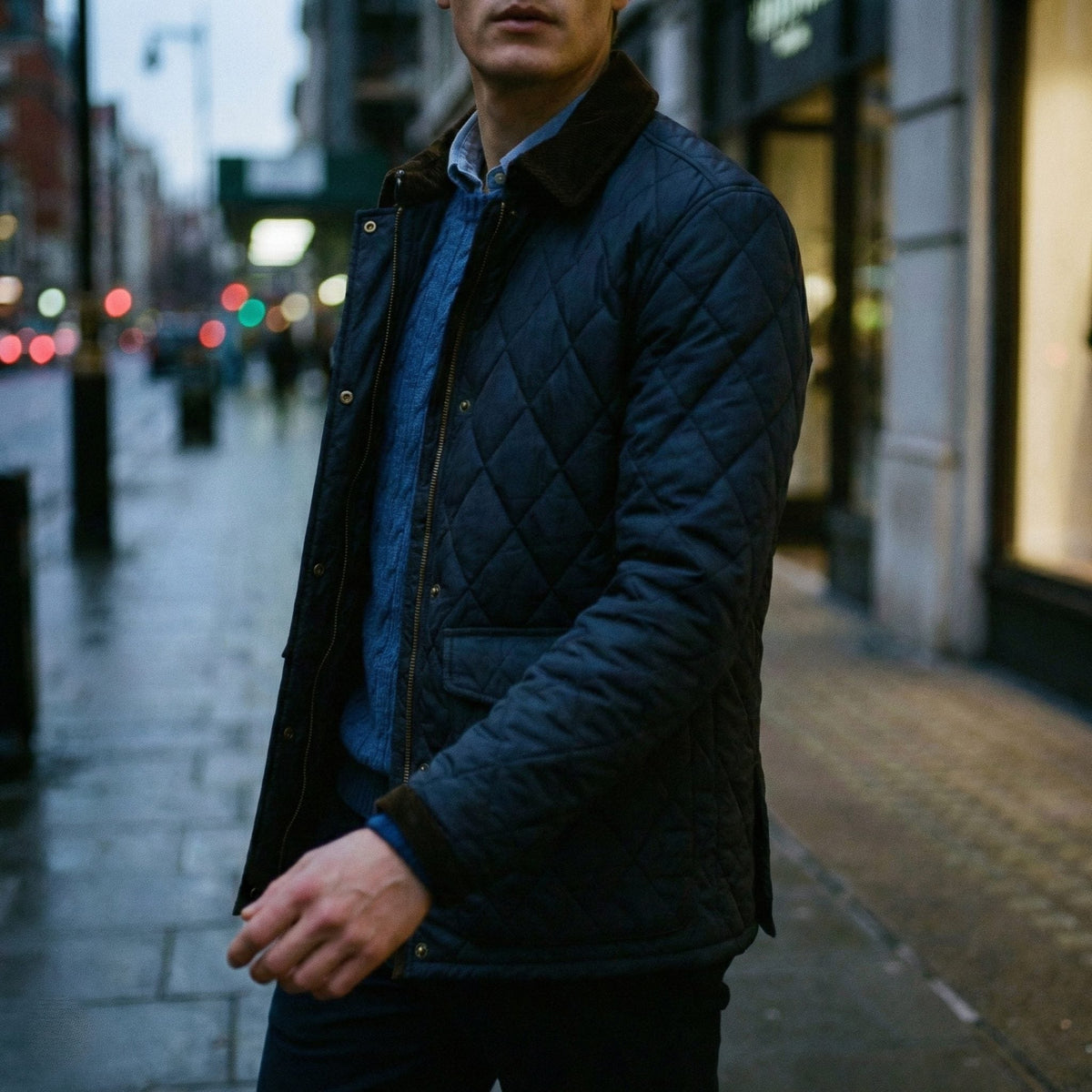 Quilted Jacket with Corduroy Collar for Men