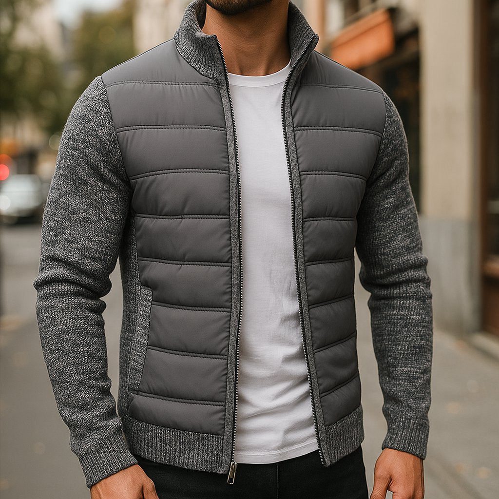 Quilted Winter Puffer Jacket with Fleece Contrast Sleeves for Men