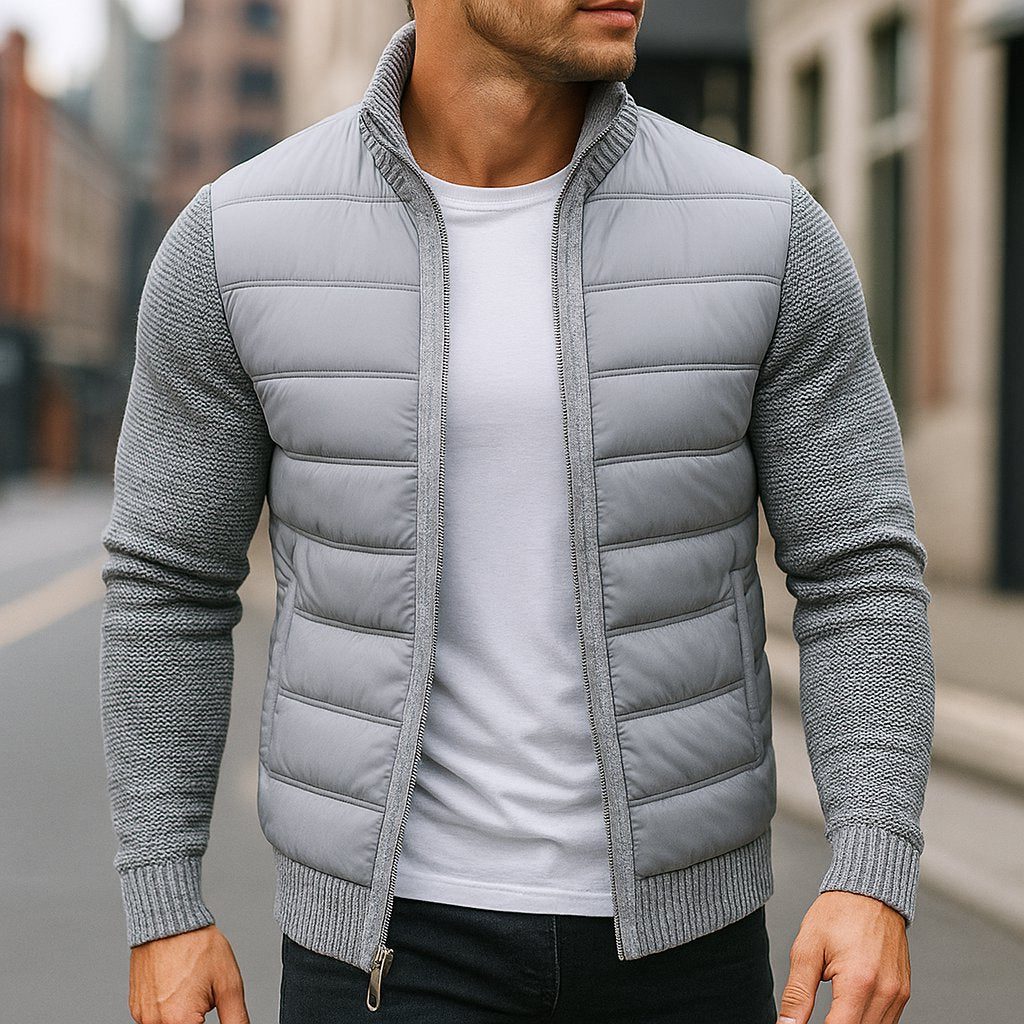Quilted Winter Puffer Jacket with Fleece Contrast Sleeves for Men