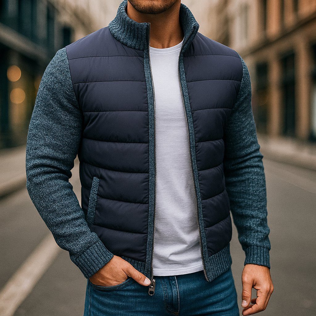 Quilted Winter Puffer Jacket with Fleece Contrast Sleeves for Men