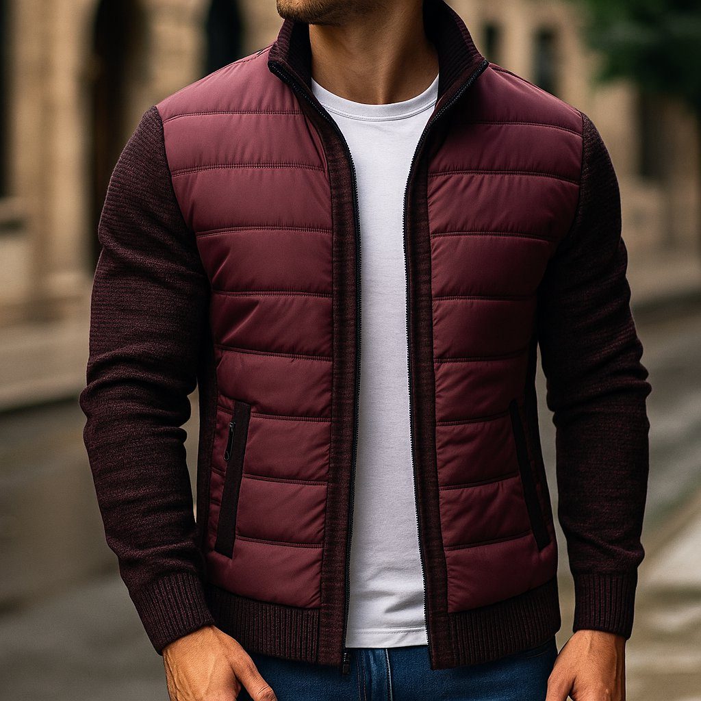 Quilted Winter Puffer Jacket with Fleece Contrast Sleeves for Men