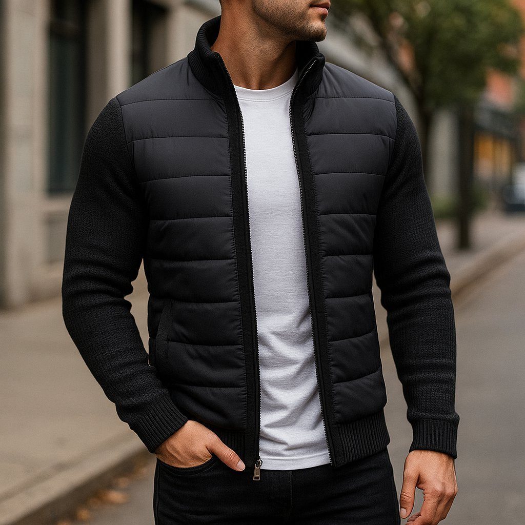 Quilted Winter Puffer Jacket with Fleece Contrast Sleeves for Men