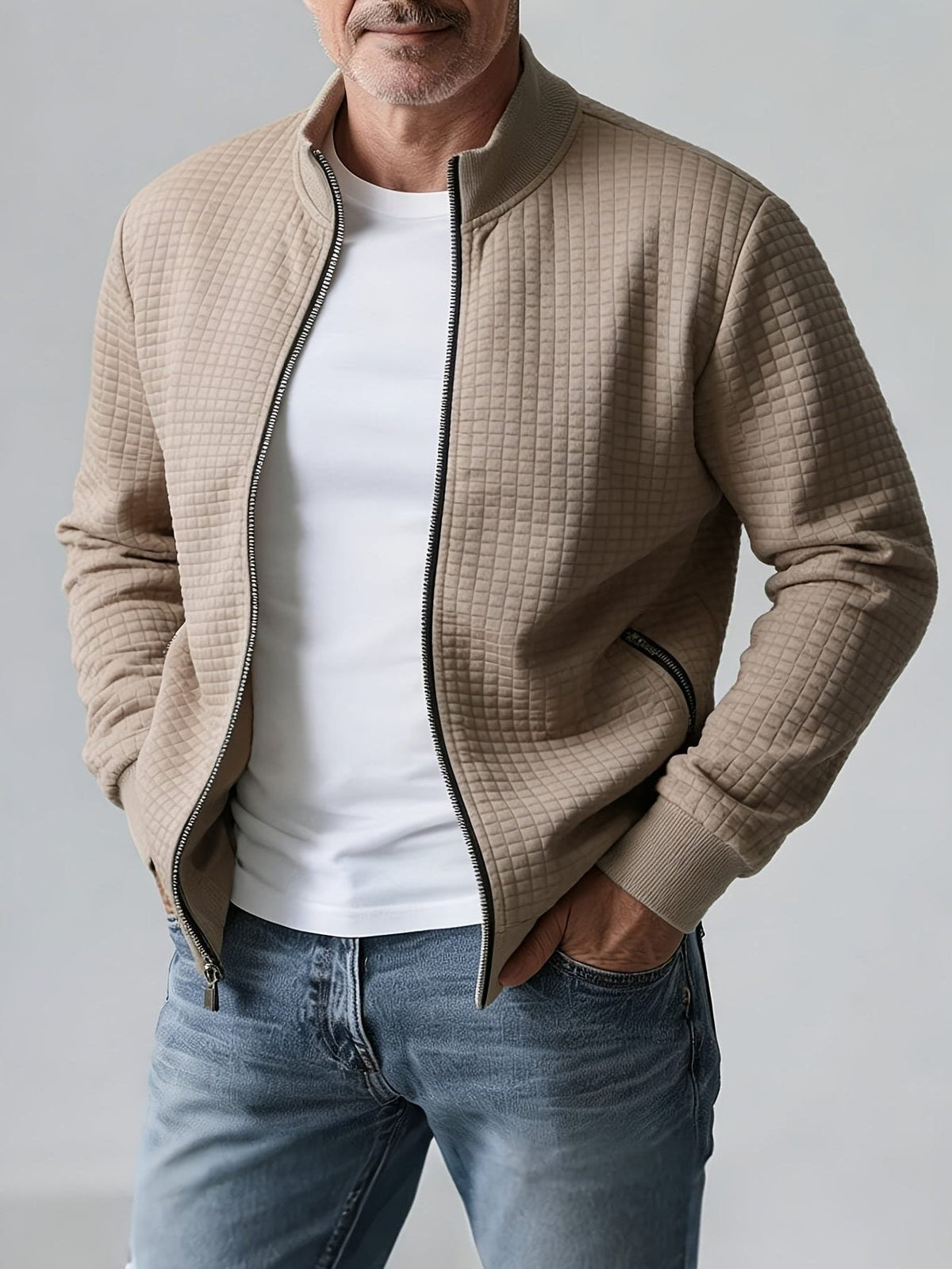 Quilted Zip-Up Jacket with Stand Collar for Men