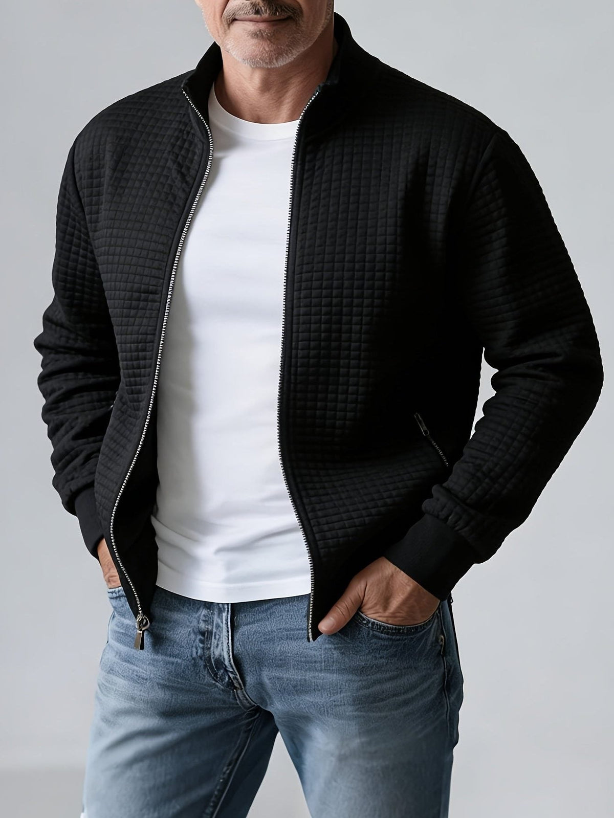 Quilted Zip-Up Jacket with Stand Collar for Men