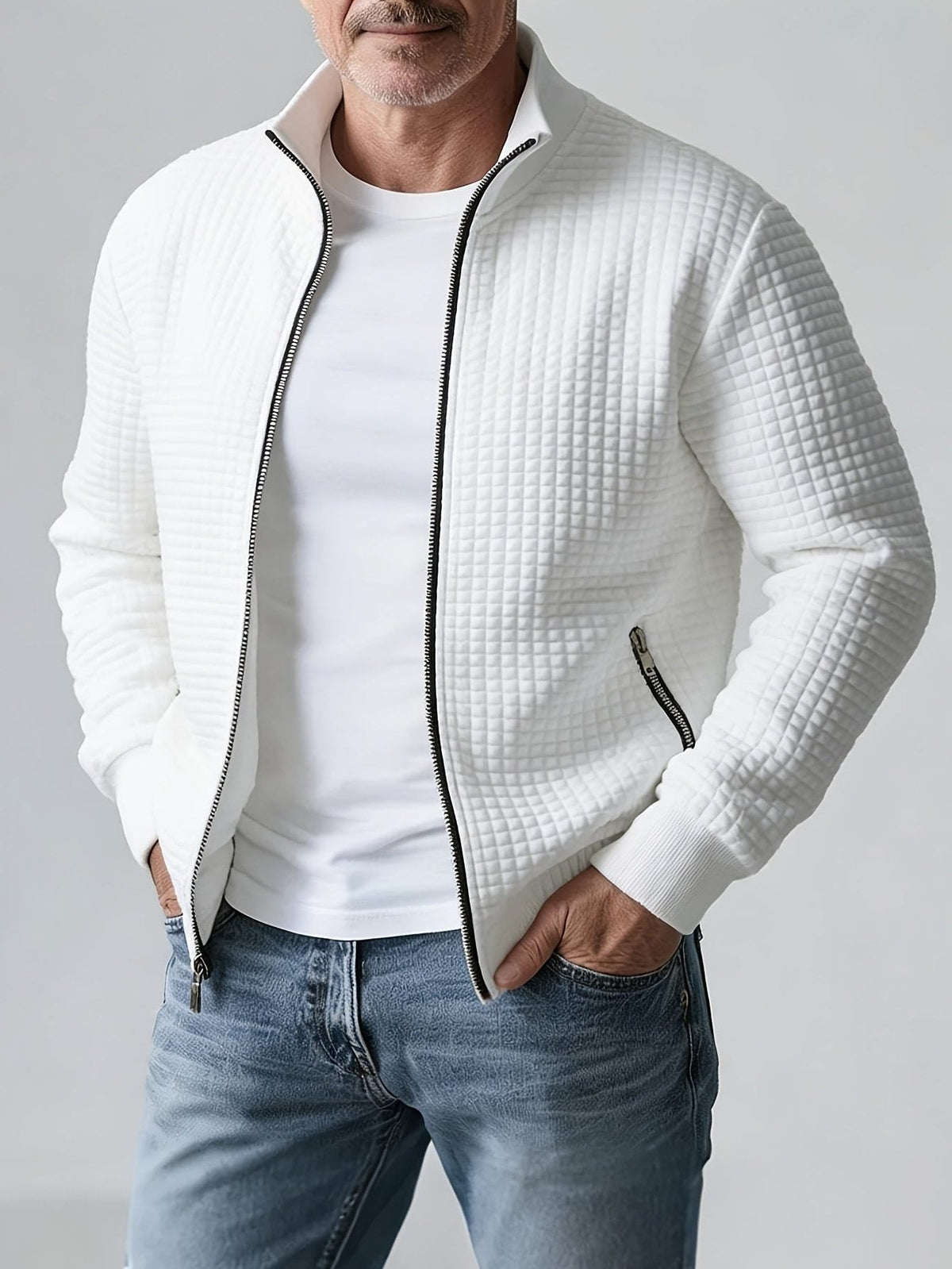 Quilted Zip-Up Jacket with Stand Collar for Men
