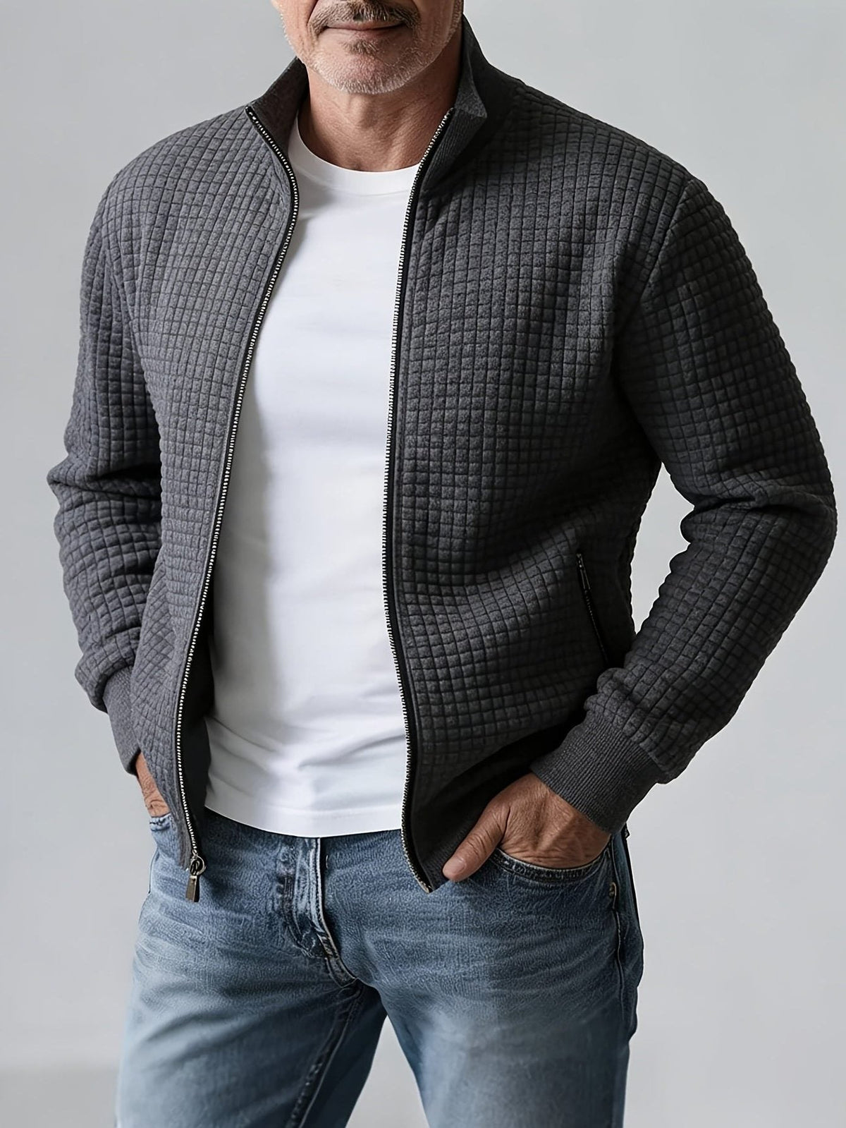 Quilted Zip-Up Jacket with Stand Collar for Men