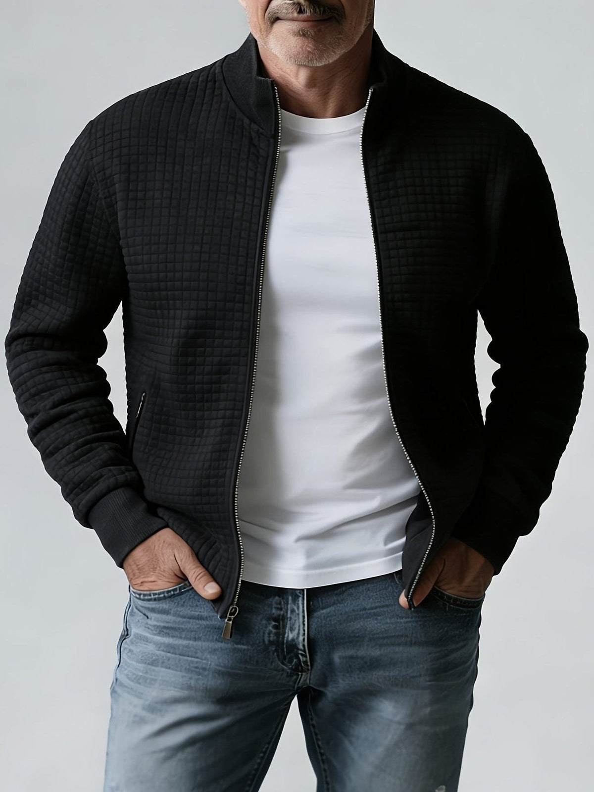 Quilted Zip-Up Jacket with Stand Collar for Men