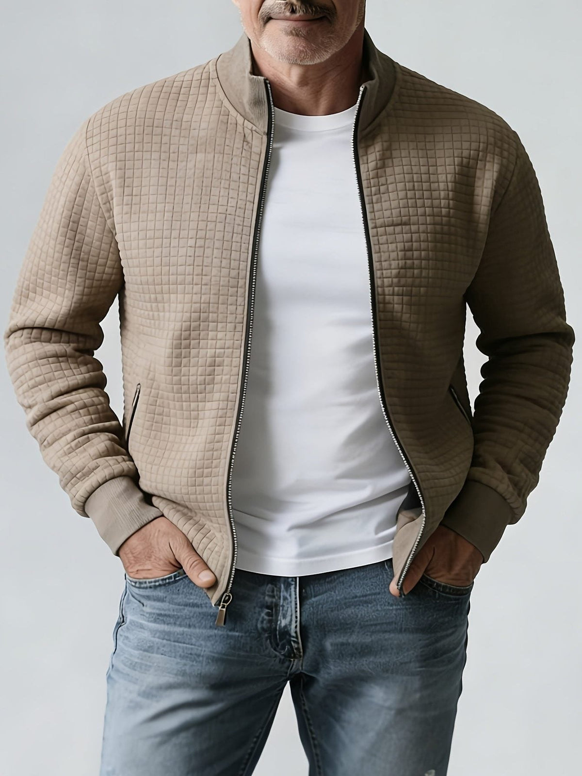 Quilted Zip-Up Jacket with Stand Collar for Men