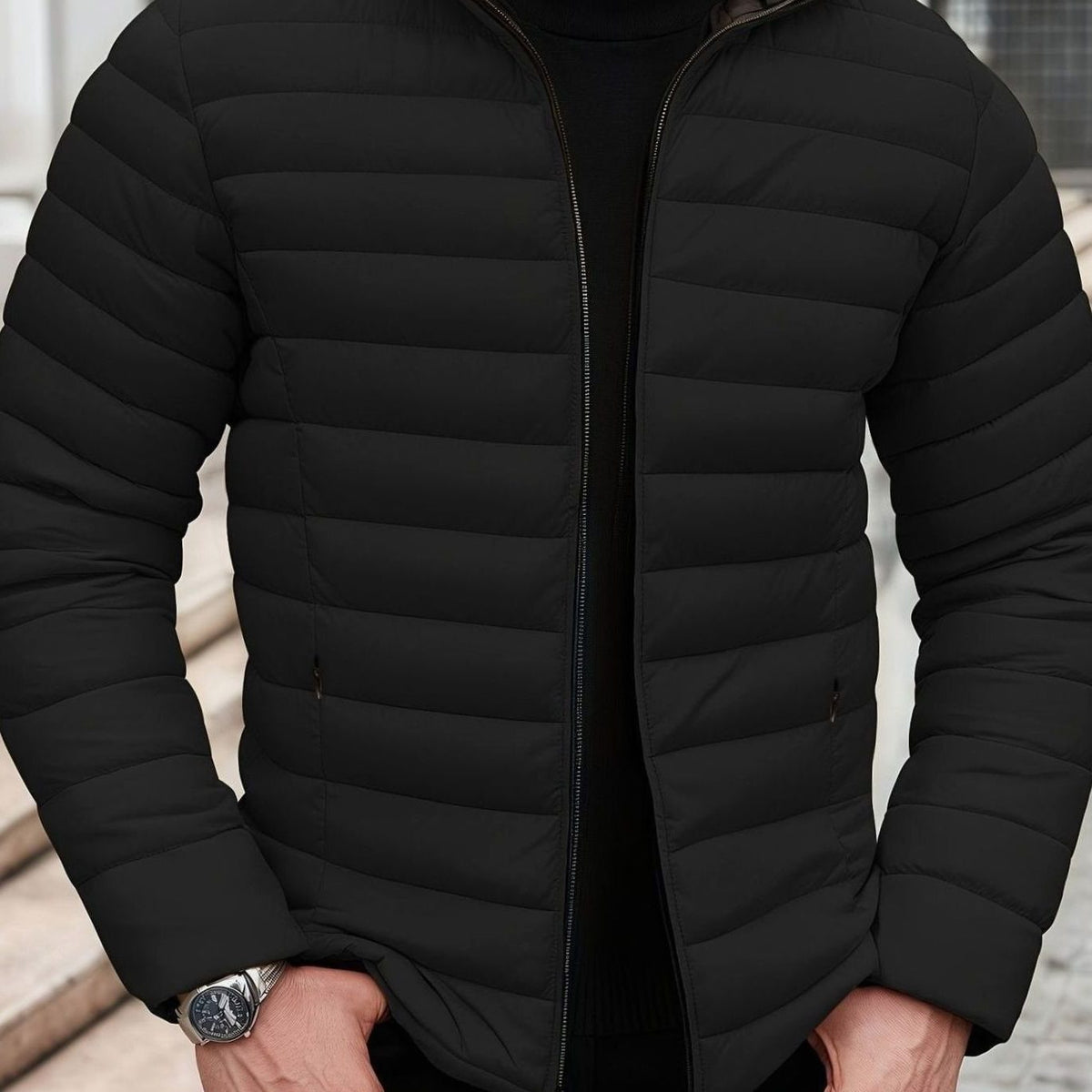Quilted Zip-Up Puffer Jacket for Men