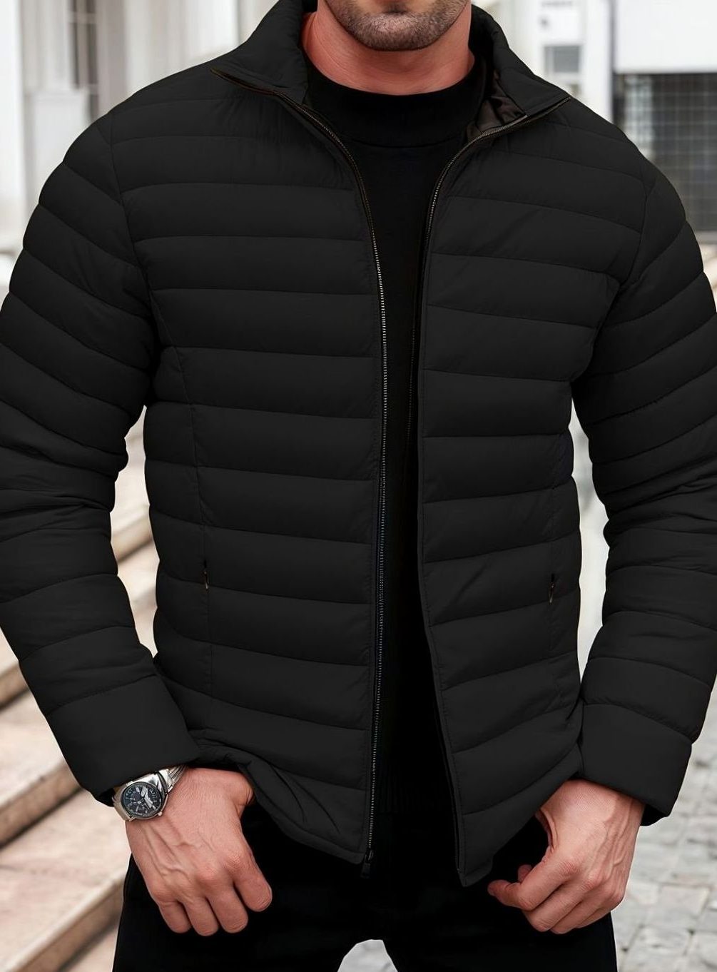 Quilted Zip-Up Puffer Jacket for Men