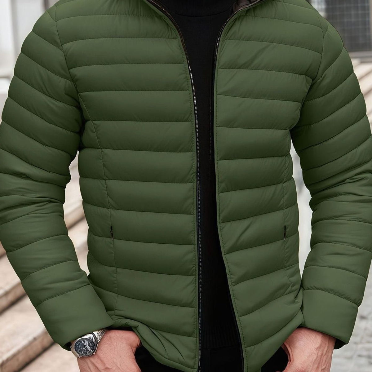 Quilted Zip-Up Puffer Jacket for Men