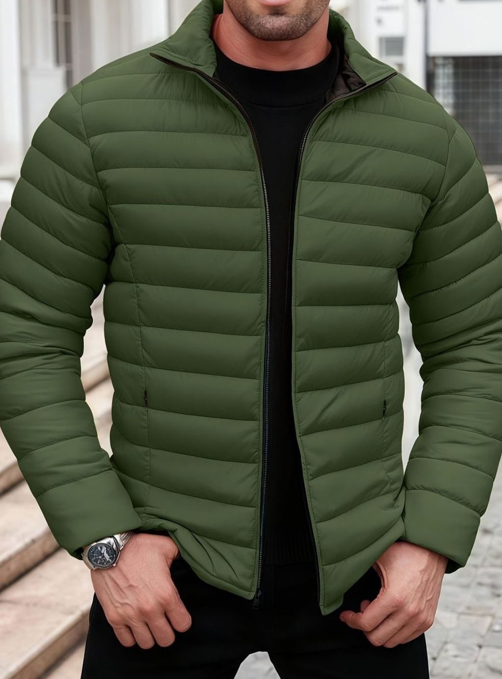 Quilted Zip-Up Puffer Jacket for Men