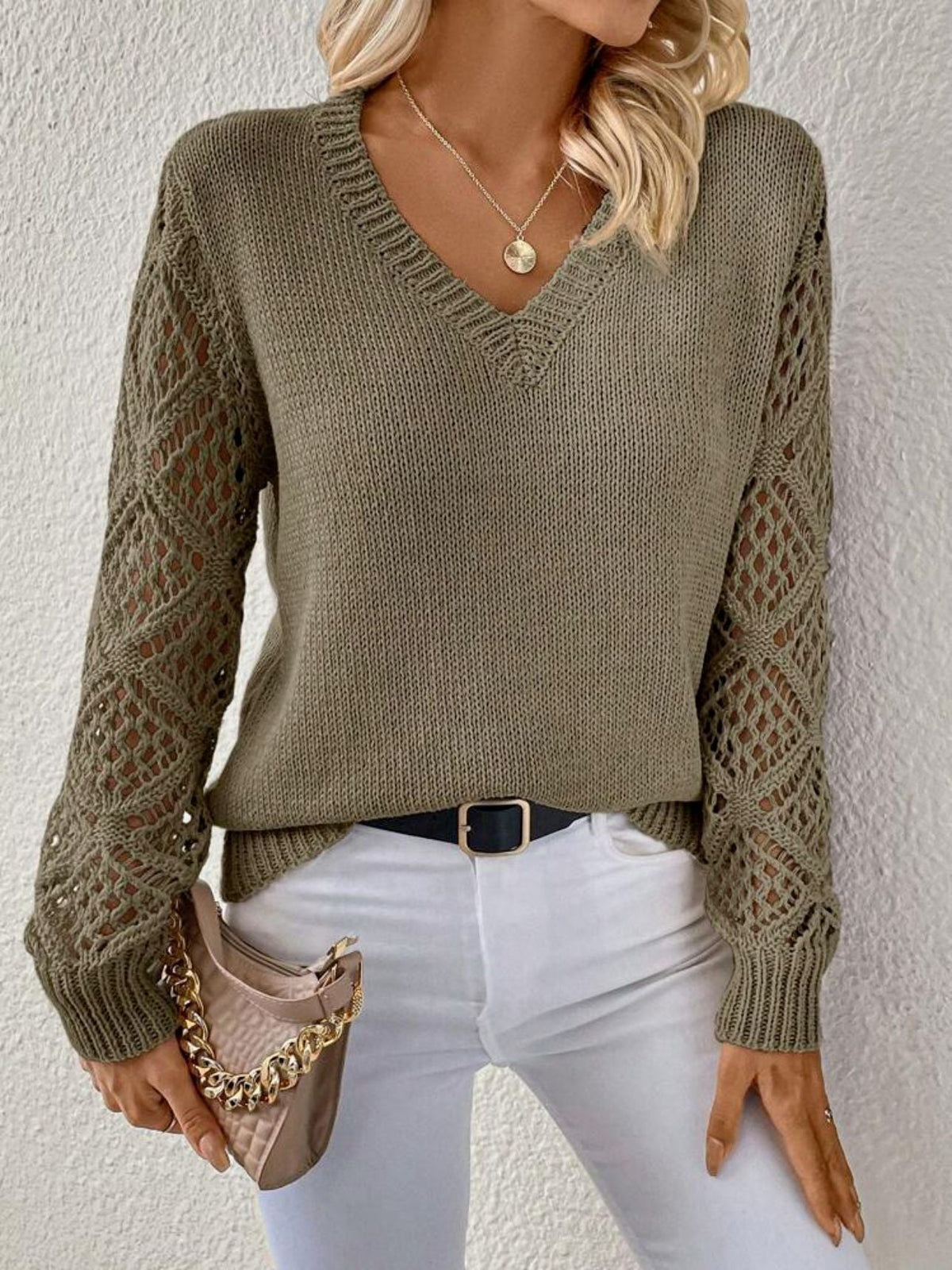 Magnolia | V-Neck Crochet Sleeve Sweater