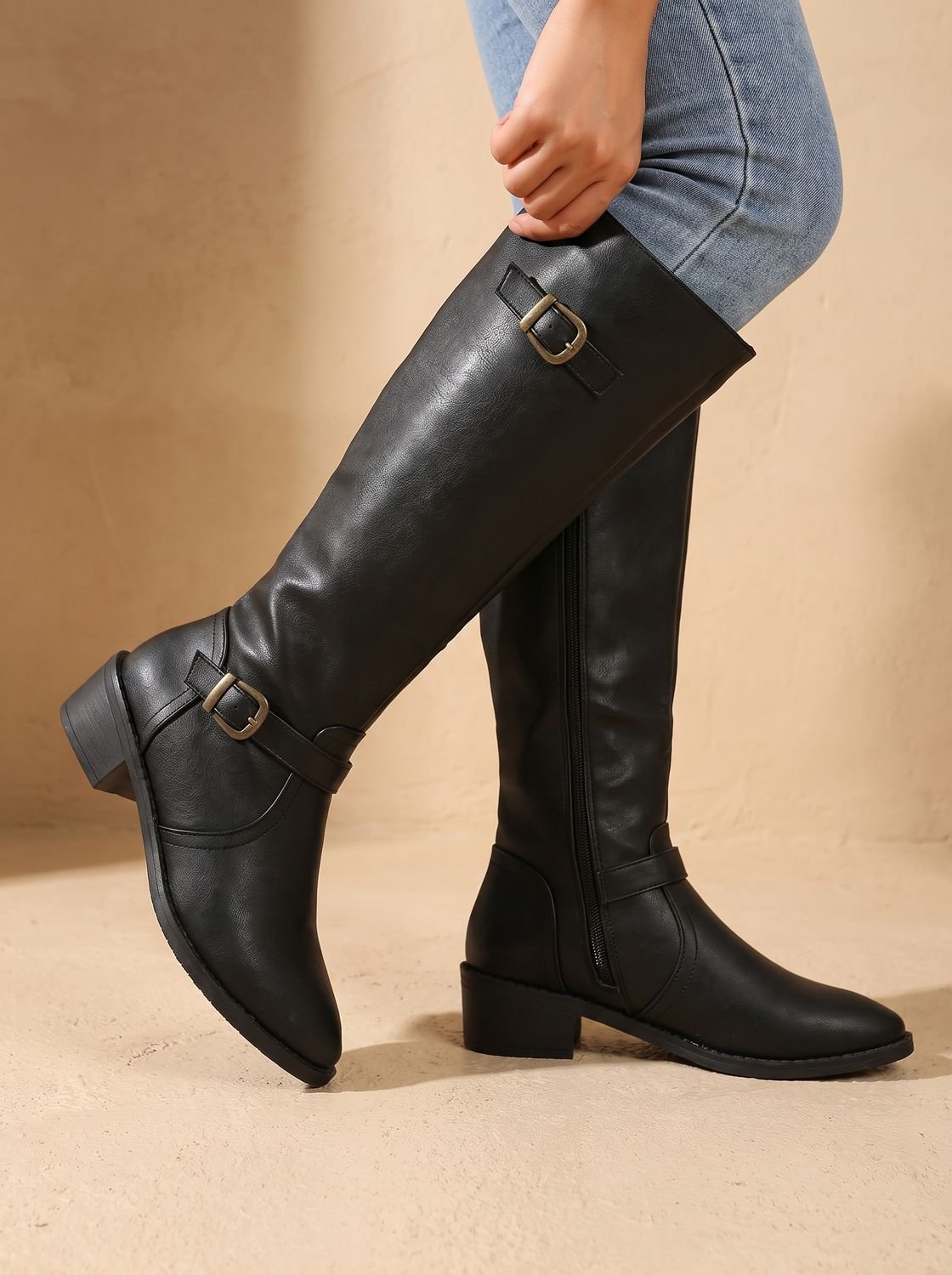 Quinley - Women's Buckle-Strap Knee-High Boots with Side Zip